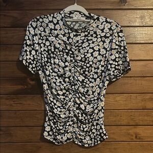 Jade by Jane - Black, White, and Yellow Flowers Ruched Short Sleeve Blouse - XL